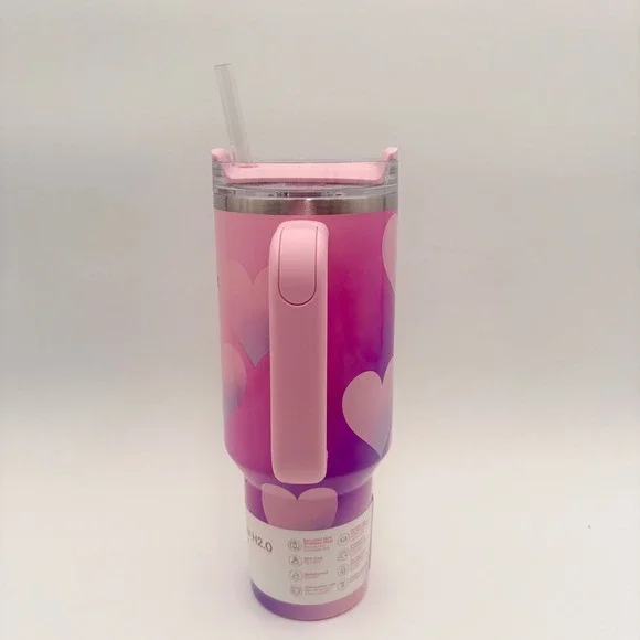 Stanley Quencher H2O Tumbler 40 oz Pink Gradient Hearts ValentinesStraw Lid - Picture 7 of 7